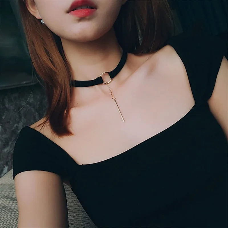 Fahion Wide Black Brown Leather Choker Necklace Gold Silver Long Chain Bar Pendant Collar for Women Girls