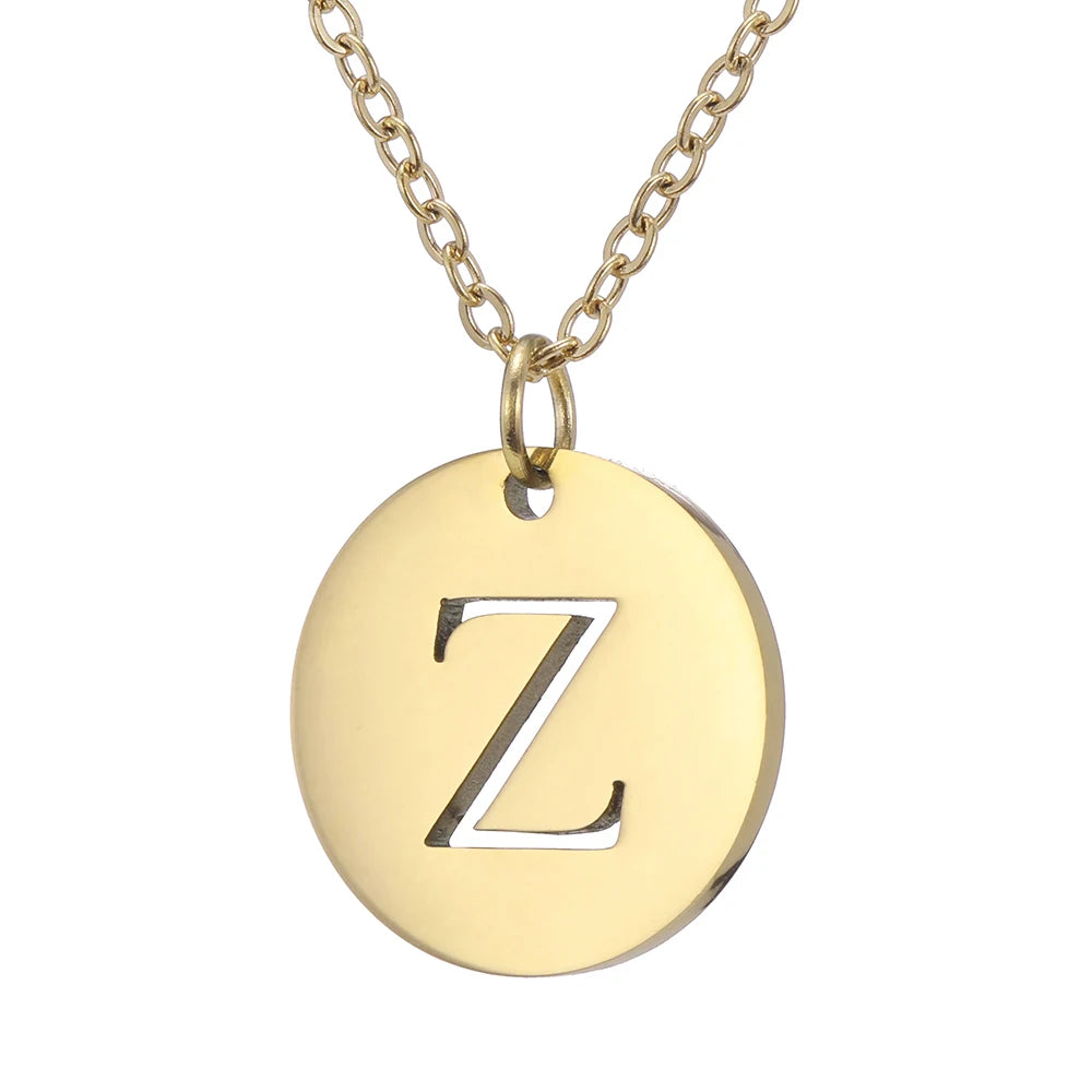 Amaxer Stainless Steel Necklace Fashion Gold Color Initial Charms Metal Round A To Z Letters For Women Single Name Jewelry Gifts