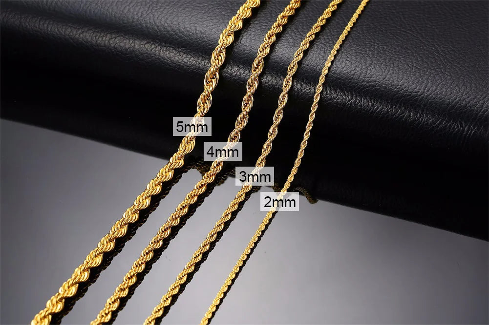 Men Ropes Long Necklace Stainless Steel Minimalist Twist Rope Chain Necklace Available in Gold Color Silver Color 2 TO 5mm