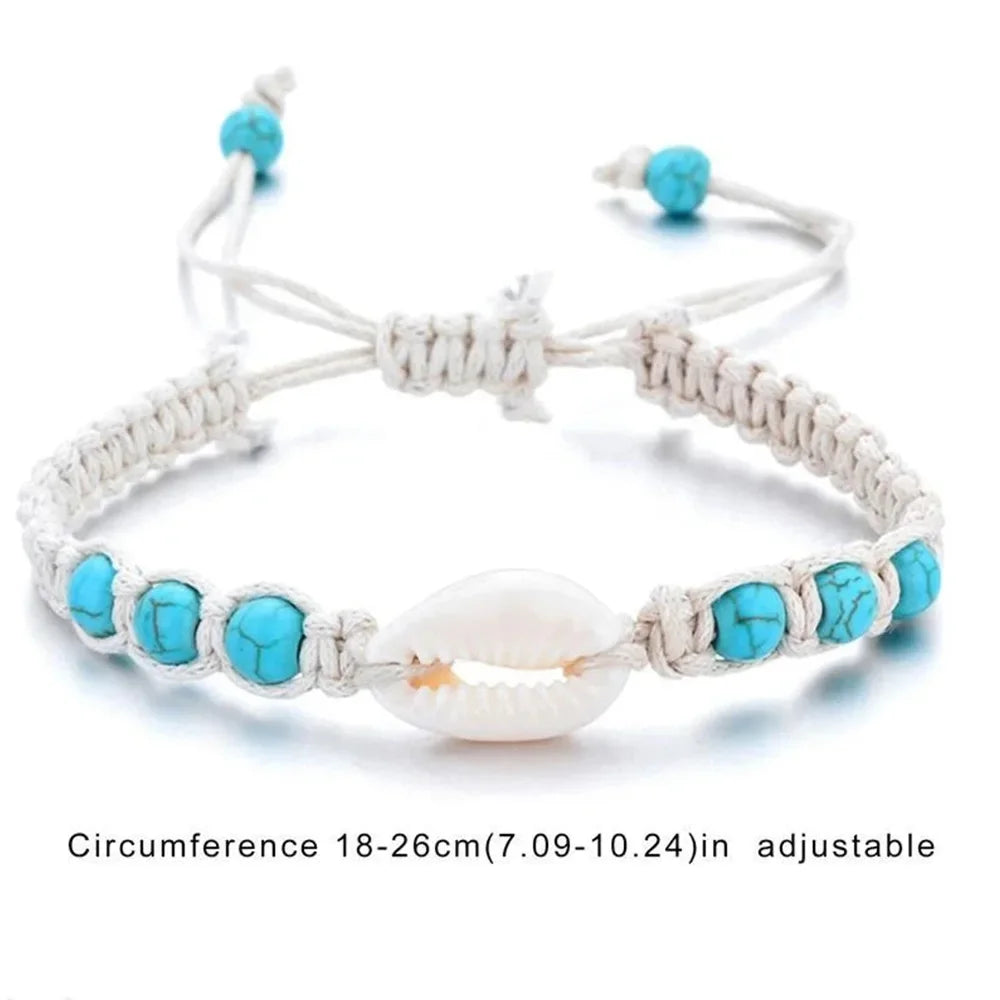 Summer Starfish Shell Woven Bracelet Unisex Adjustable Wax Rope Turquoise Beaded Anklet Bracelet Women Men Boho Beach Jewelry