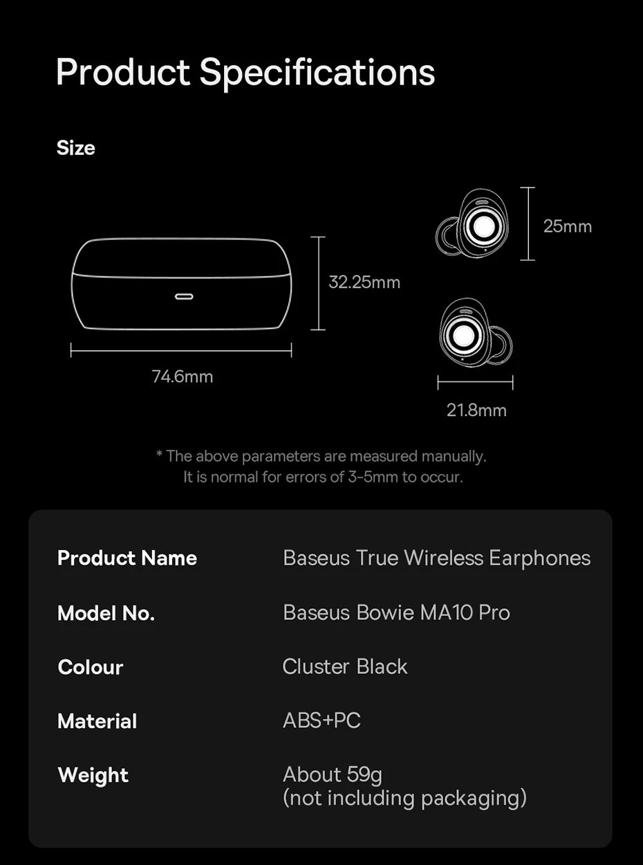 Baseus Bowie MA10 Pro Wireless Earphones 48dB Active Noise Cancellation Bluetooth 5.3 Earbuds 40H Battery Life IPX6 Waterproof