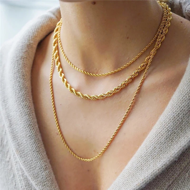 Stainless Steel Rope Chain Necklace For Men Women Braided Rope Chain Choker Necklace Gold Color Neck Metal Fashion Jewelry Gift