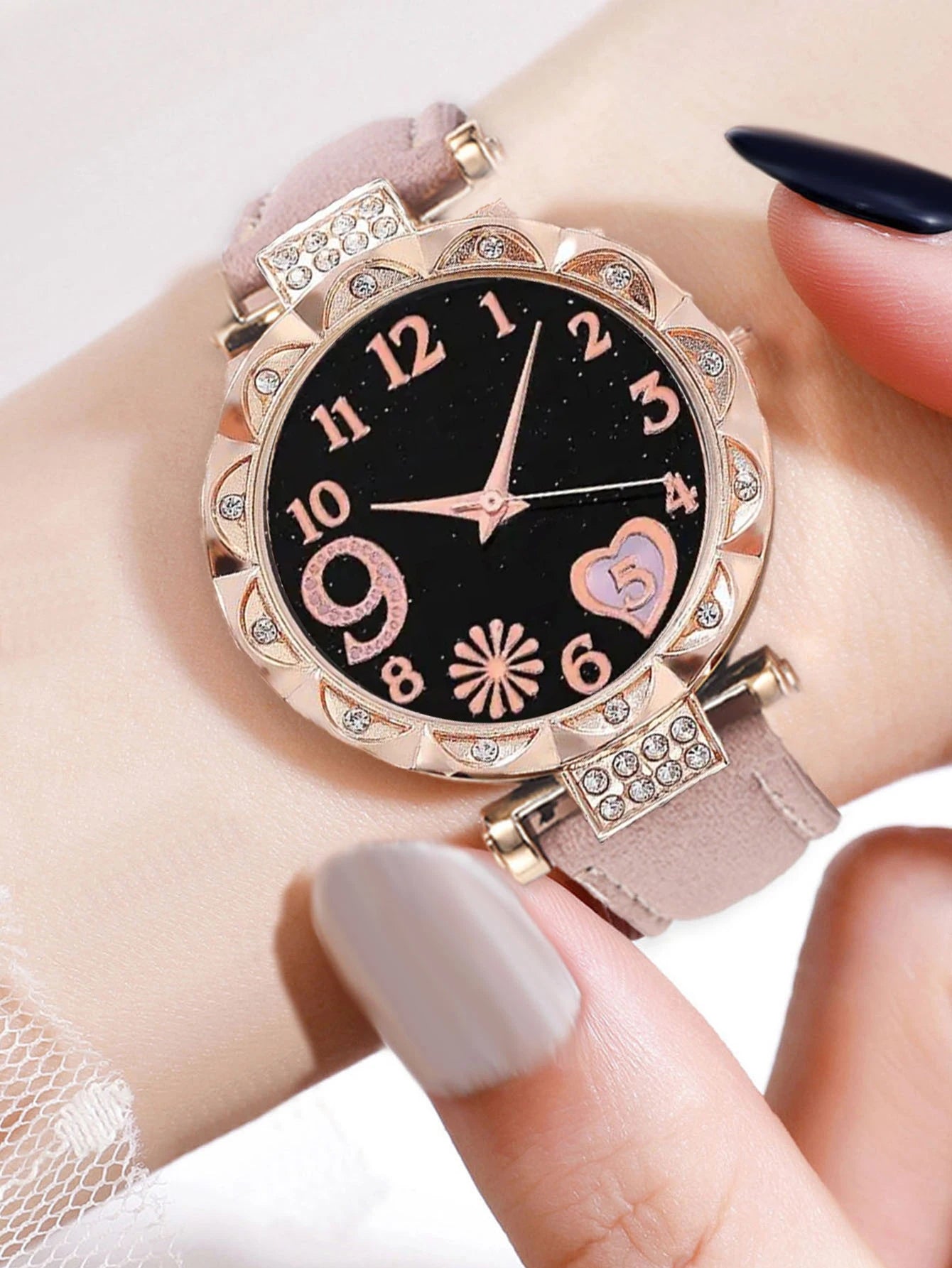 6PCS Women's Fashion Quartz Watch Luxury Pink Leather Band Analog WristWatch Ladies Watch Women Dress Bracelet Set  Clock