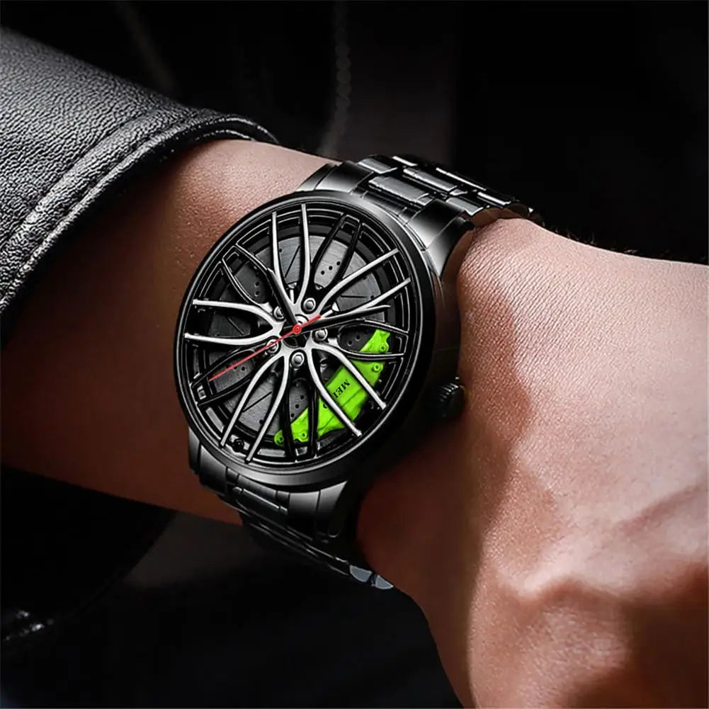 Car Wheel Rims Hub Men Quartz Watch Stainless Steel Watch Luxury Calendar Quartz Wrist Watch Leather Strap Men Business Watches