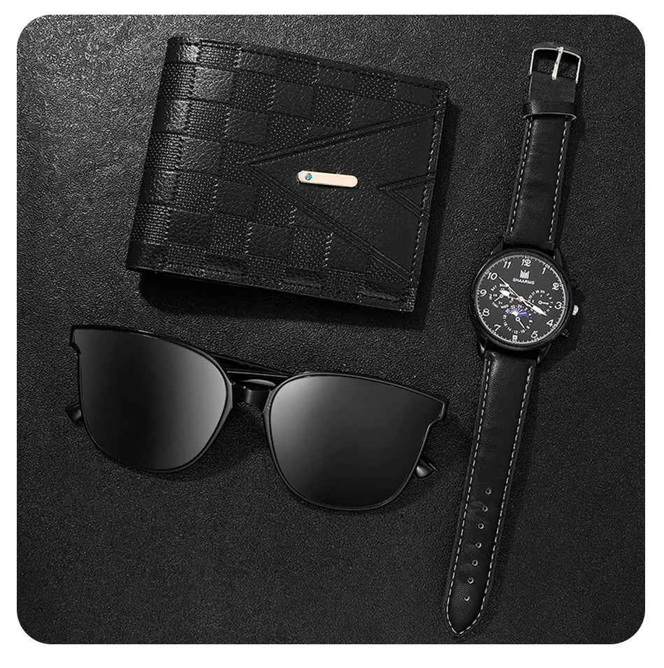 Fashion Mens Watches Wallet Glasses For Men Retro Black Bussiness Quartz Watch Male Casual Watch Relogio Masculino