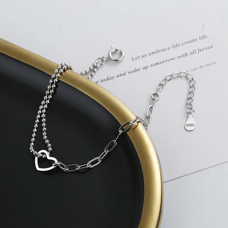 VENTFILLE 925 Sterling Silver Double Love Heart Hollow Round Beads Bracelet Female Fashion Romantic Jewelry Classic Adjustable