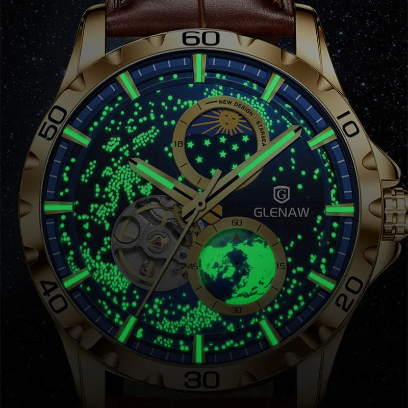 GLENAW Rotating Earth Double Second Hand WristWatch Men Automatic Mechanical Watch Starry Sky Stainless Steel Leather Watchband