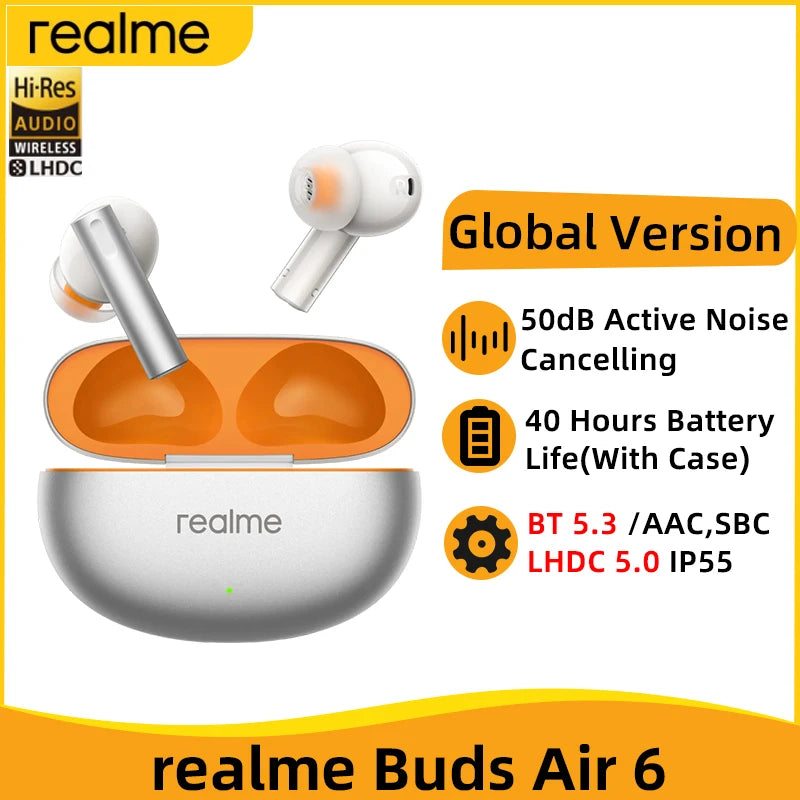 Global Version realme buds Air 6 TWS Earphone 50dB Active Noise Cancelling Wireless Headphone LHDC 5.0 IP55 40 Hour Battery Life