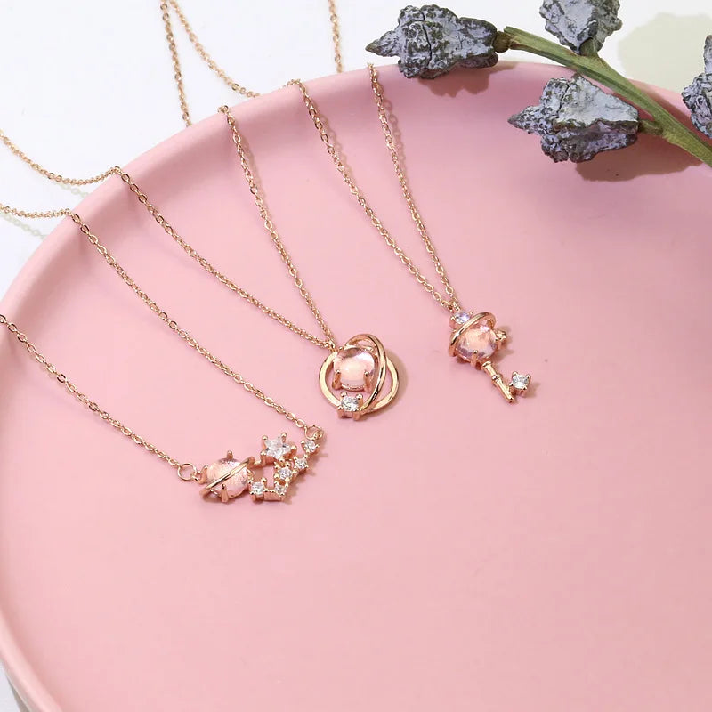 Pink Planet Meteor Shower Key Pendant Necklace Tiny Rose Gold Color Clavicle Chain Collar for Women Friendship Jewelry