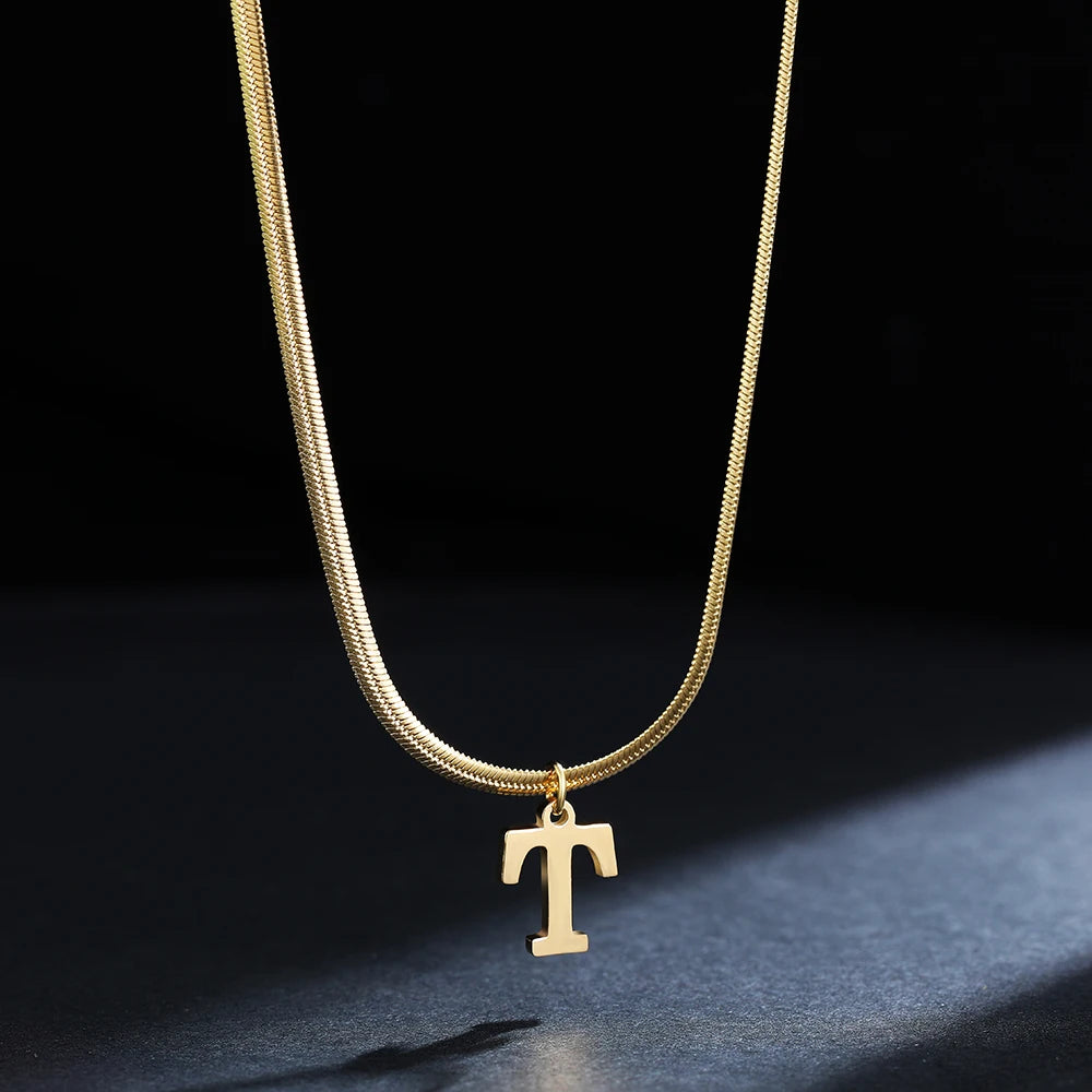 A-Z Alphabet Gold Plated Stainless Steel Pendant Necklace for Women Snake Chain Initial Letter Clavicle Necklaces Collar Jewelry