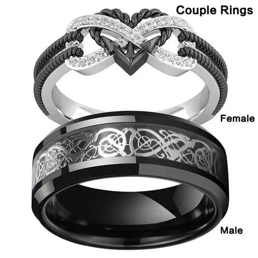 Charm Couple Rings For Men Stainless Steel Celtic Dragon Ring Heart Black Zircon Women Wedding Rings Set Valentine's Day Jewelry