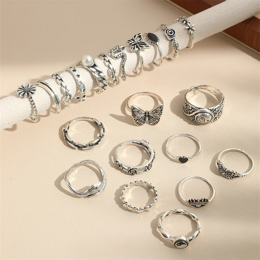 22Pcs Of New Hip Hop Retro Style Tai Chi Butterfly Heart Snake Ring Simple Metal Opening Multi-joint Stitching Ring