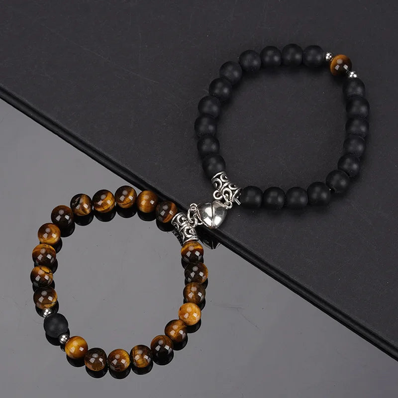 2Pcs/Set Natural Stone Beaded Heart Magnet Attraction Couple Bracelets For Women Men Simple Love Relationship Bracelet Jewelry