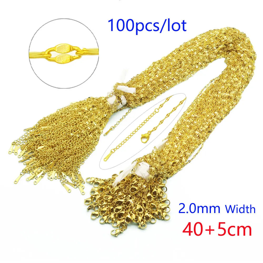 100pcs/Lot Bulk Wholesale 304 Stainless Steel Cable Link Rolo Chain Necklace Gold Color 45-50cm for DIY Jewelry Making Women