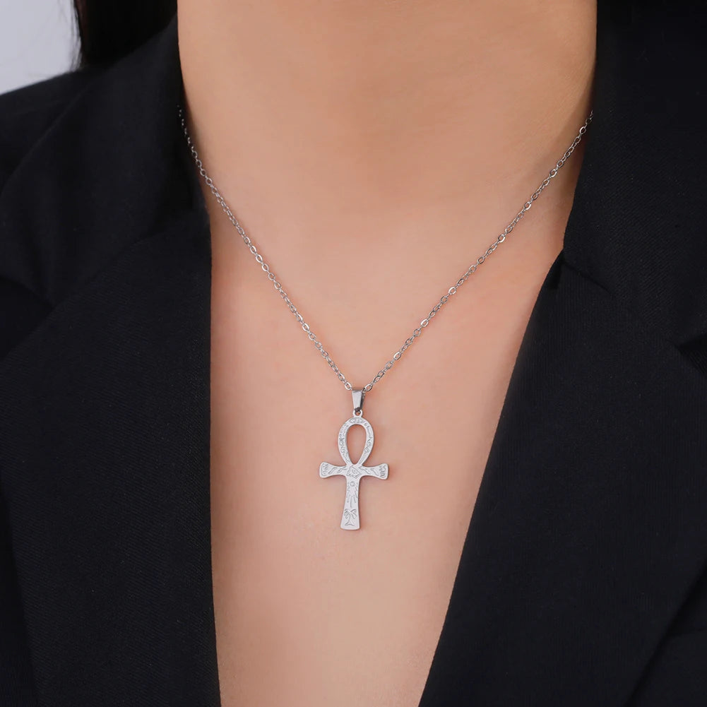 Lucktune Ankh Cross Egyptian Amulet Necklace Stainless Steel Key of Life Symbol Crucifix Pendant Necklace Women Religion Jewelry