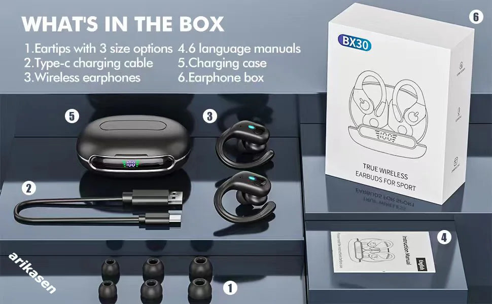 Bluetooth 5.3 Headphones True Wireless Earbuds Bass Stereo Sound with LED Power Display Case 60H Playback Earphones With Mic ENC