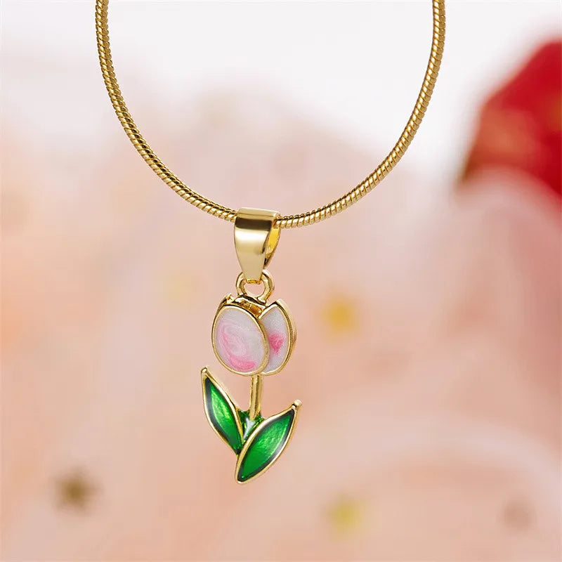 Vintage Elegant Enamel Tulip Flower Pendant Necklace For Women Fashion Young Girls Personality Accessories Clavicle Chain Choker