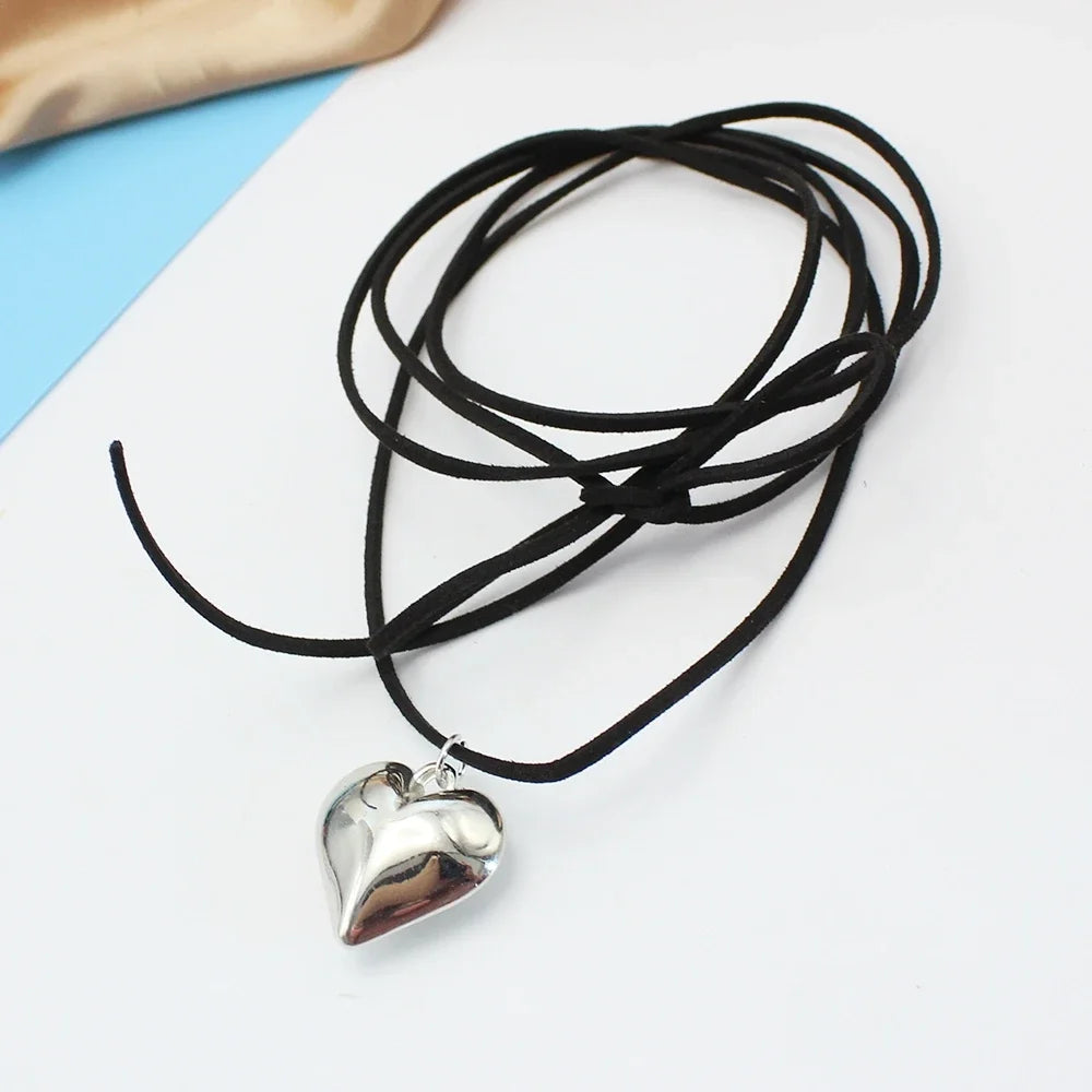 Goth Black Velvet 30mm Big Heart Pendant Choker Necklace Women Diy Weave Knotted Bowknot Adjustable Chain Jewelry