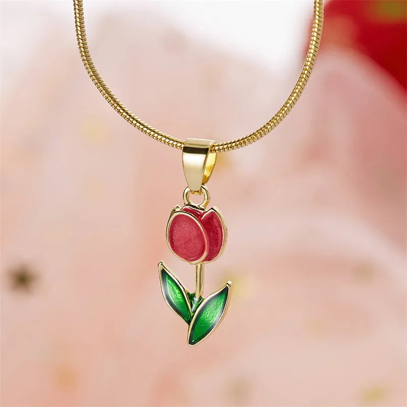 Vintage Elegant Enamel Tulip Flower Pendant Necklace For Women Fashion Young Girls Personality Accessories Clavicle Chain Choker