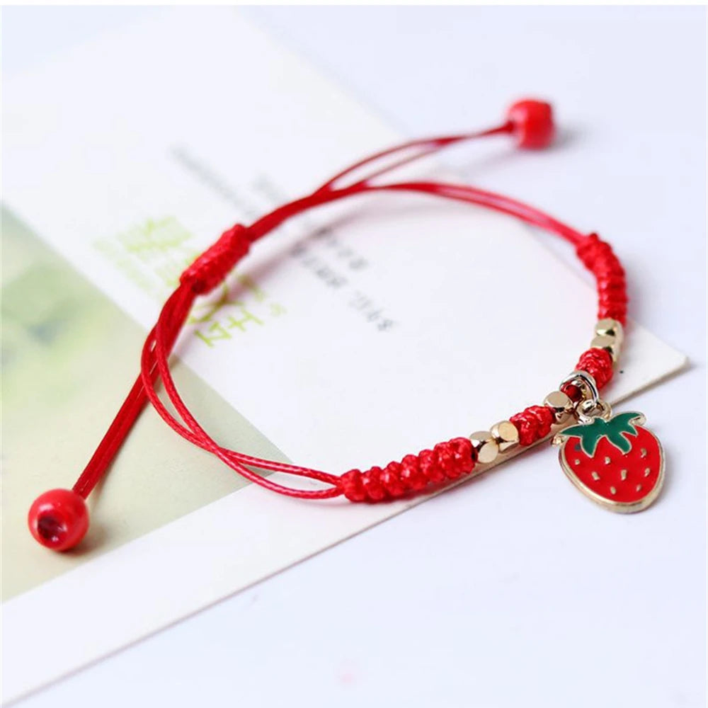 Handwoven Strawberry Cherry Bracelets Cute Red Rope Friendship Jewelry for Girls Sweet Fruit Pendan Accessories Fashion Gifts