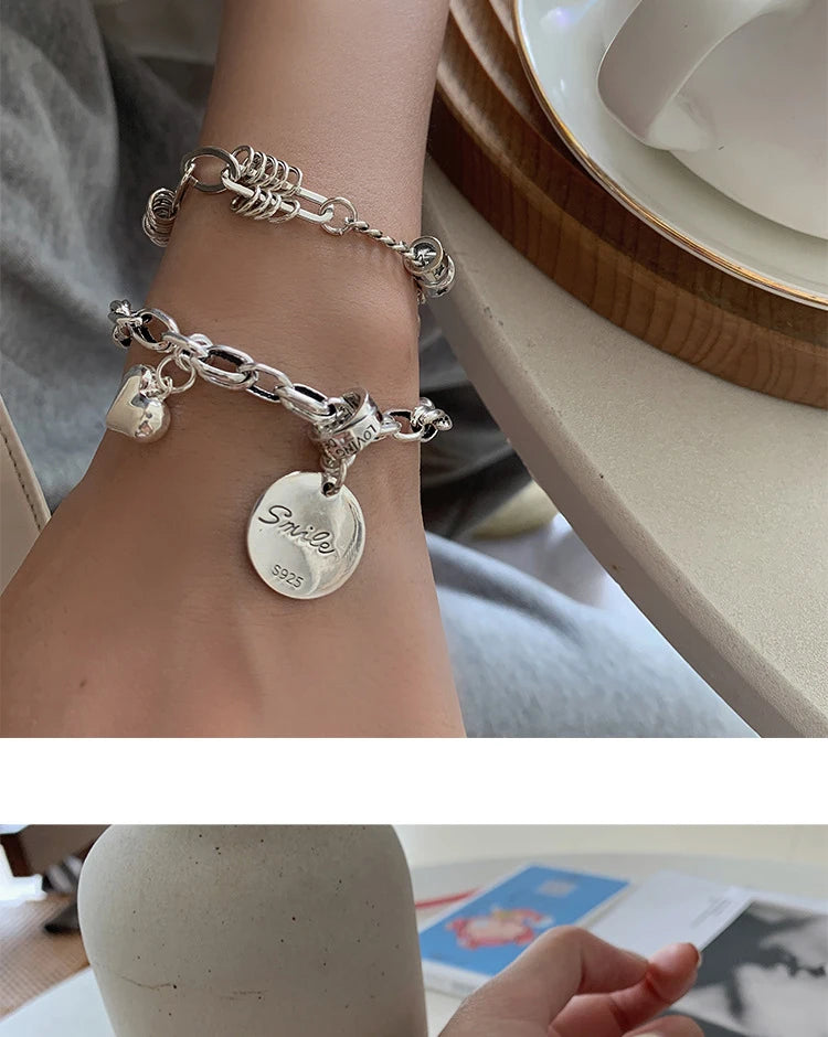 VENTFILLE 925 Sterling Silver Thai Silver Bracelet for Women Vintage Geometric Heart Love Lucky Punk Jewelry 2023 New Dropship