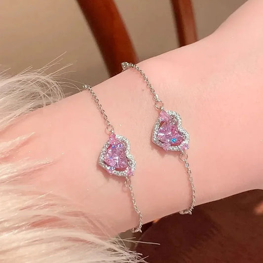 Shining Pink Rhinestone Heart Bracelet Girls Y2K Fairy Delicate Elegant Adjustable Bracelet Women Party Fashion Jewelry Gift