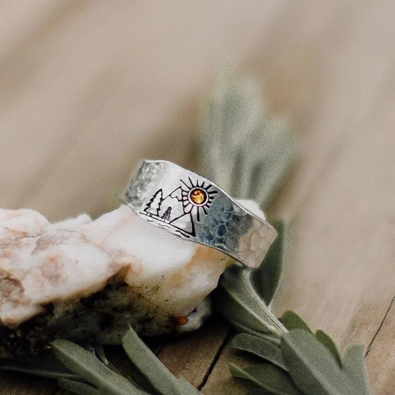 Vintage Ring Forest Mountain Sunset Nature Landscape Carved Ring for Women Men Open Adjustable Jewelry Fashion Ring Wholesale