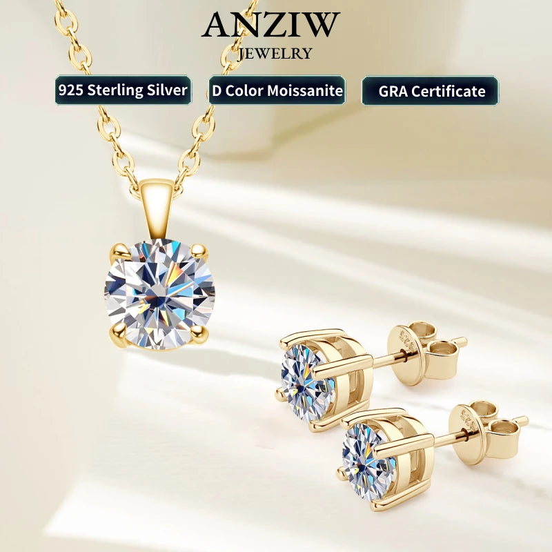 6.5mm 3.0cttw D Color Moissanite Jewelry Set 18K Gold Plated Silver 925 Stud Earrings Pendant Necklace for Women Gift Birthday