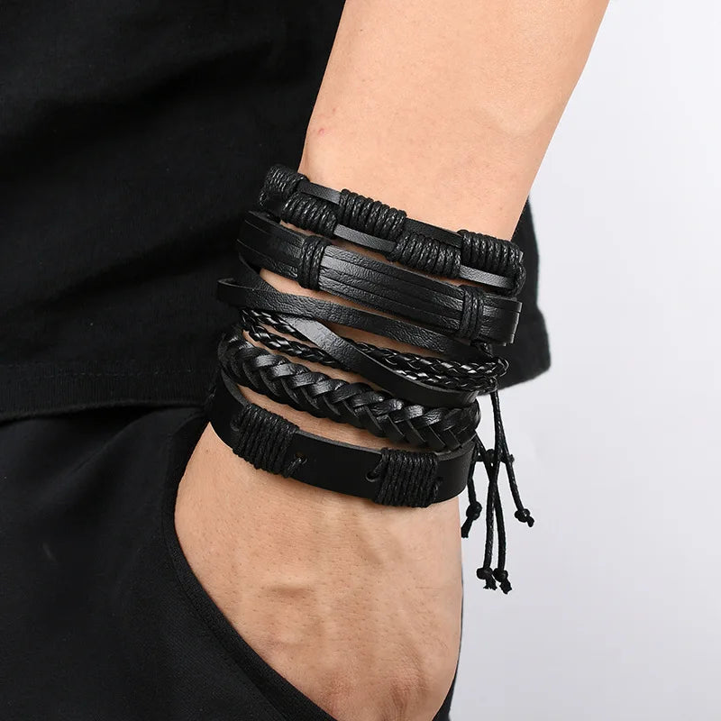 1 Fashion Bracelet Viking  Bracelet For Men Hand Bracelets Woven Skull Hand Jewelry Adjustable Leather Set Bracelet For Leather