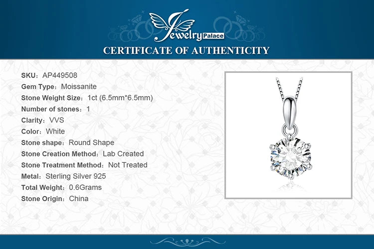 JewelryPalace Moissanite D Color 1ct 1.5ct 2ct 3ct Round 925 Sterling Silver Pendant Necklace for Woman No Chain