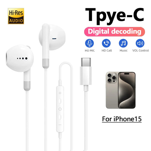 HIfi Headphones For Apple iPhone 15 Pro Max Half-in-Ear With Microphone Wired Earphone For Samsung Huawei Xiaomi USB-C Earphones