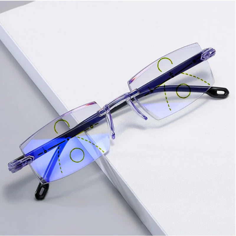 New Diamond-cut Bifocal Progressive Reading Glasses Men Blue Light Blocking Multifocal Eyewear Ultralight Rimless Eyeglasses