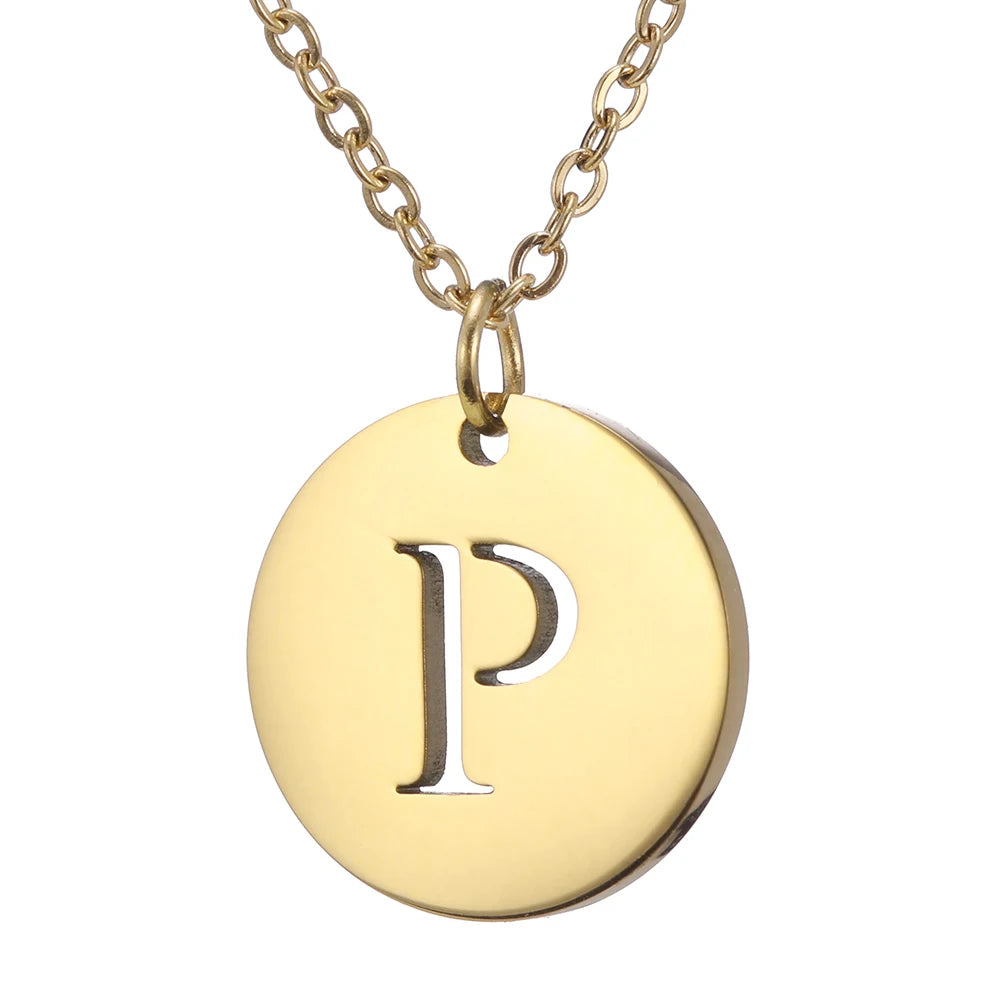 Amaxer Stainless Steel Necklace Fashion Gold Color Initial Charms Metal Round A To Z Letters For Women Single Name Jewelry Gifts