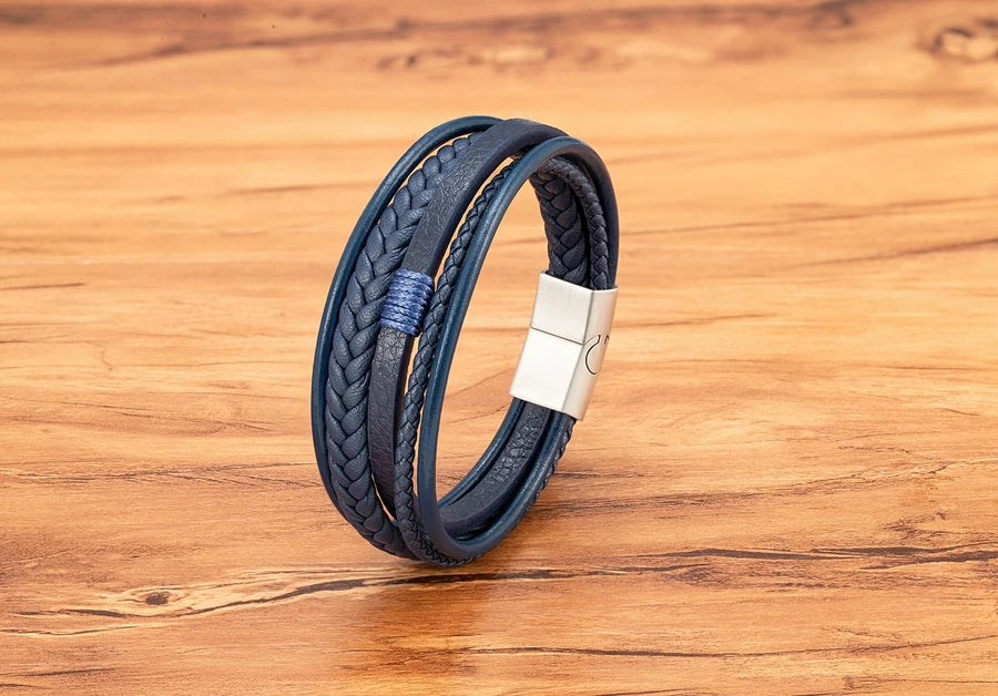 XQNI Luxury Fashion Hand-Woven Leather Bracelet Multilayer Men's Bangles Stainless Steel Magnetic Buckle Party Jewelry Gift