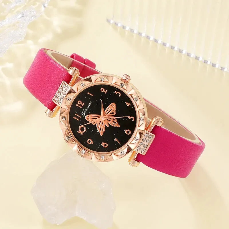 5PCS Set Womens Fashion Quartz Watch Female Clock Rose Red Butterfly Luxury Brand Design Women Watches Simple Ladies Wrist Watch