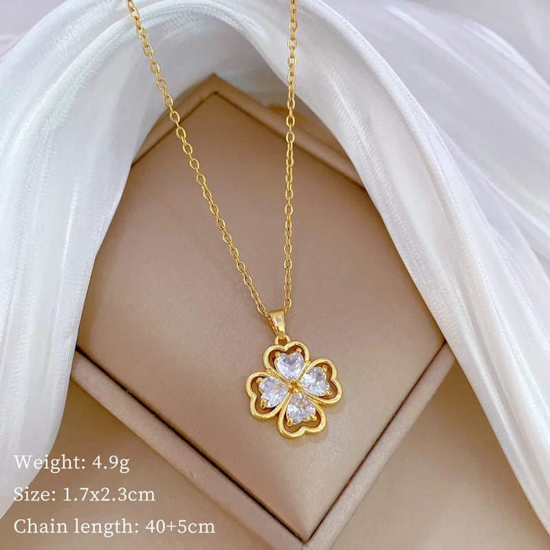 Exquisite Fashion Micropaved Pink Flower Necklace Classic Charm Clover Girls Stainless Steel Collarbone Chain Gift