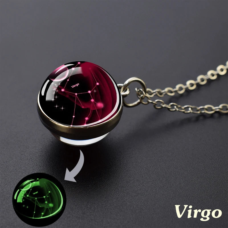 12 Constellation Necklace Starry Sky Luminous Zodiac Glass Ball Pendant Necklace Christmas Gift for Men Women