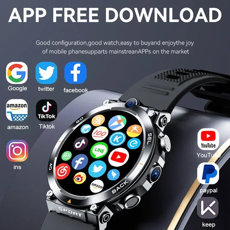 4G SIM Card Smart Watch 2024 Android OS 16G ROM GPS Wifi HD Dual Cameras Video Calls Recording Google Play SmartWatch for Men