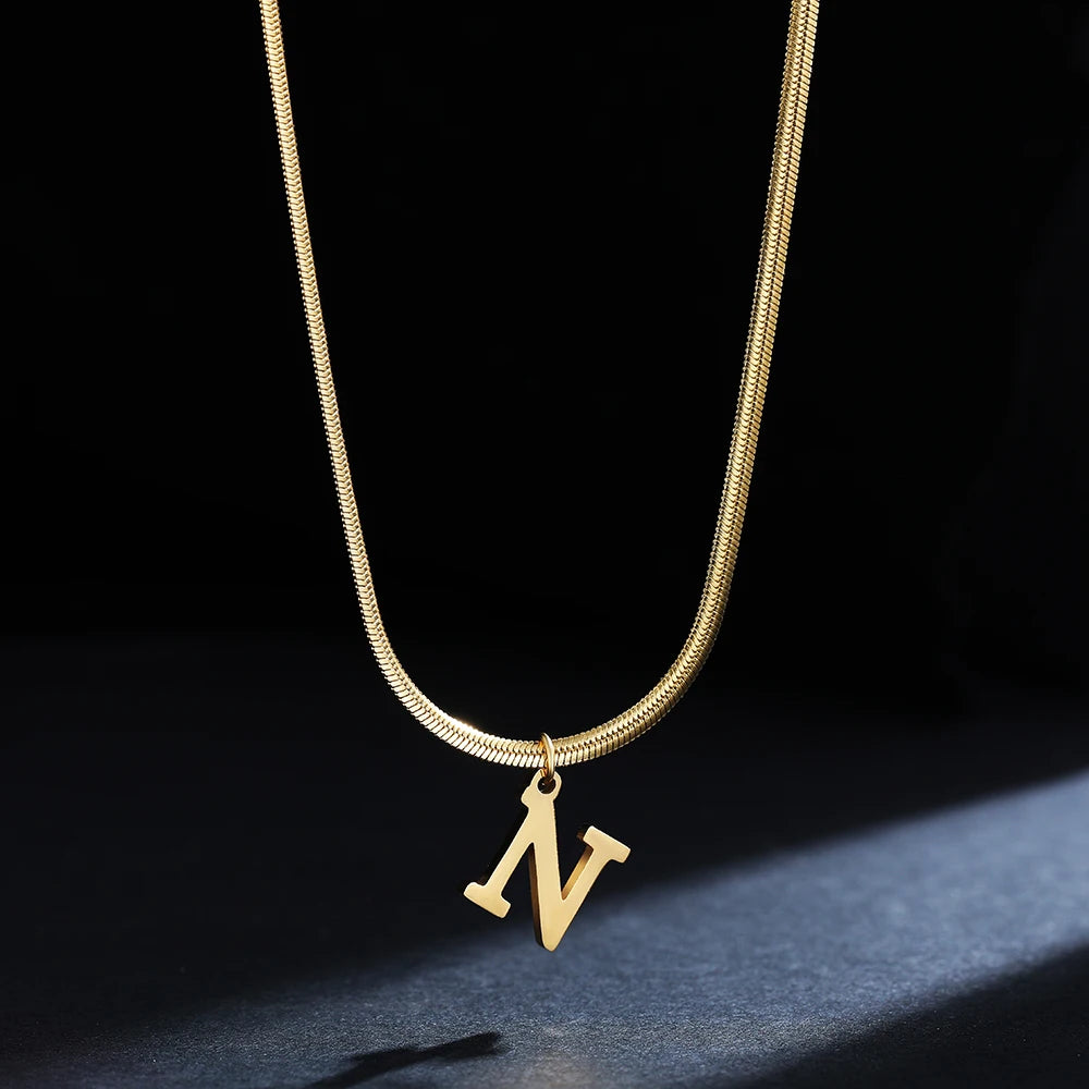 A-Z Alphabet Gold Plated Stainless Steel Pendant Necklace for Women Snake Chain Initial Letter Clavicle Necklaces Collar Jewelry