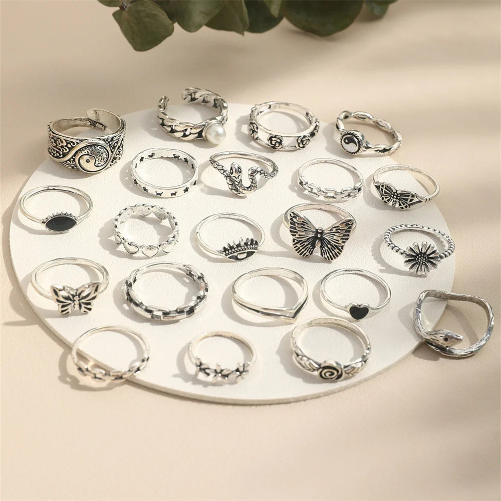 22Pcs Of New Hip Hop Retro Style Tai Chi Butterfly Heart Snake Ring Simple Metal Opening Multi-joint Stitching Ring