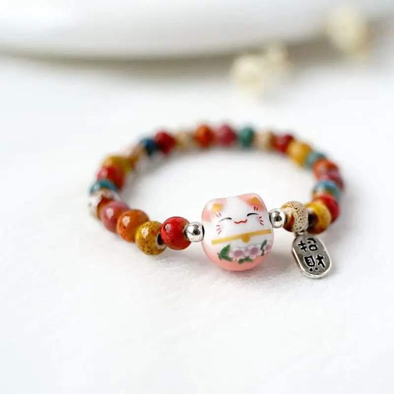 Cute Lucky Cat Bracelet For Girls Adjustable Colorful Beaded Bracelets Harajuku Ceramics Cat Pendant Charm Bracelets Jewelry