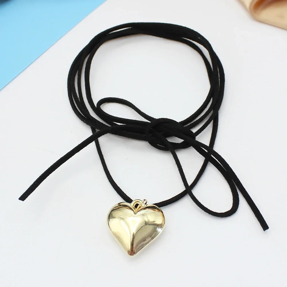 Goth Black Velvet 30mm Big Heart Pendant Choker Necklace Women Diy Weave Knotted Bowknot Adjustable Chain Jewelry