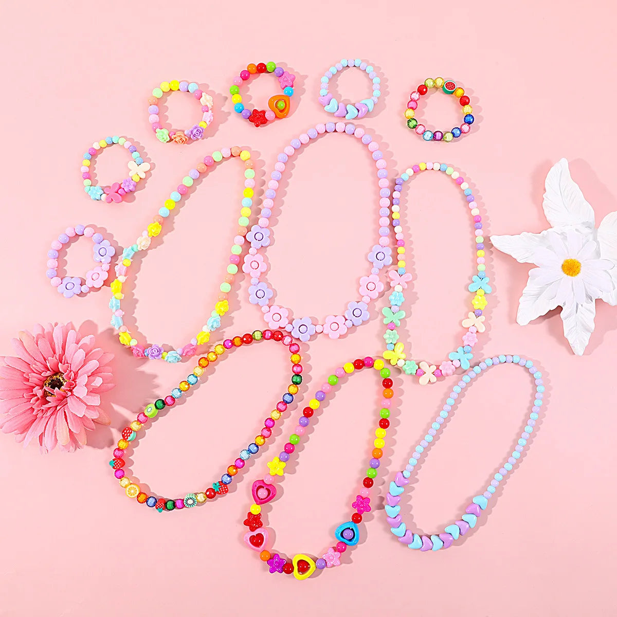 Makersland Children's Beaded Flower Bracelet Colorful Acrylic Flower Necklace Girls Children's Jewelry Sets Wholesale