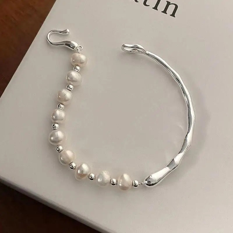 Silver Color Chain Splicing Pearl Bracelet for Women Simple Korean Irregular Imitation Pearl Bracelet Jewelry Birthday Gift