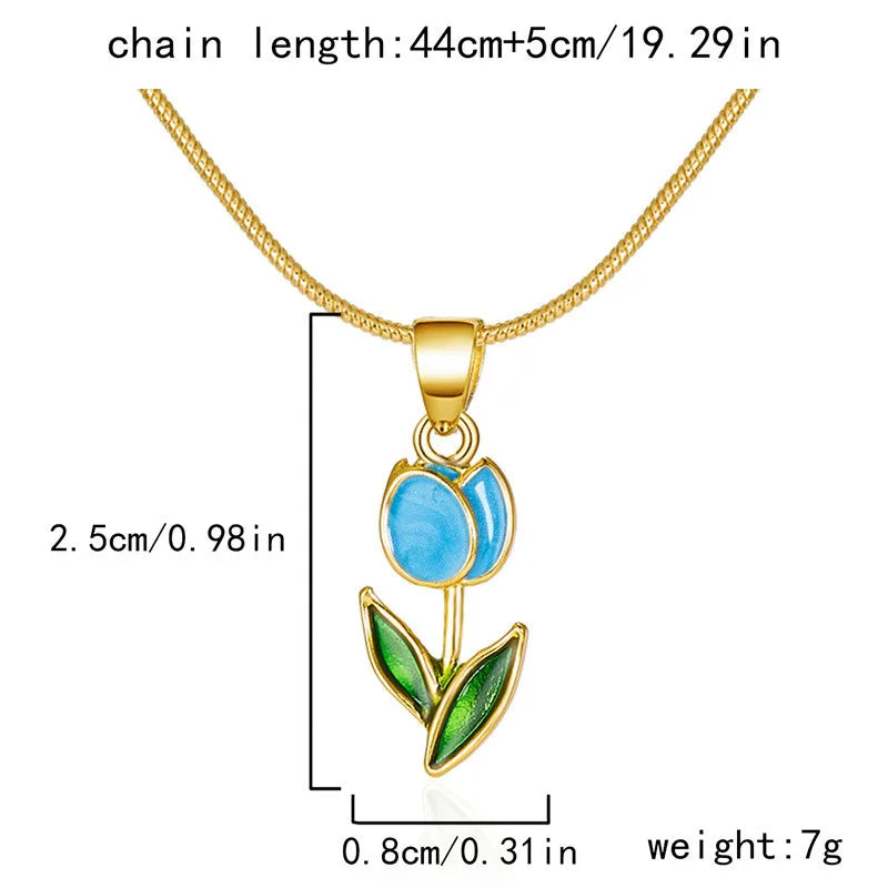 Vintage Elegant Enamel Tulip Flower Pendant Necklace For Women Fashion Young Girls Personality Accessories Clavicle Chain Choker