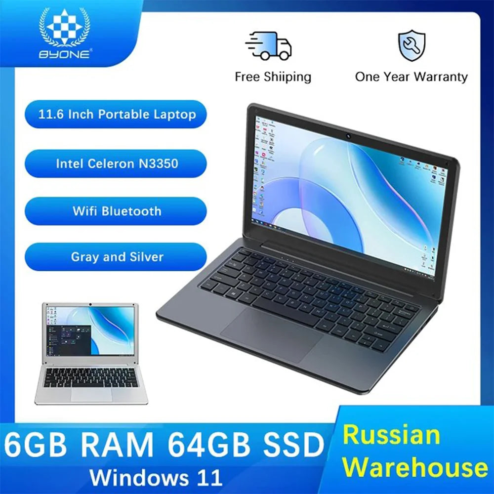 Byone Cheap Laptops 11.6 Inch Intel N3350 6GB RAM 64G Expandable 128G SSD Wifi Office Study Portable Ultraslim Notebook Computer