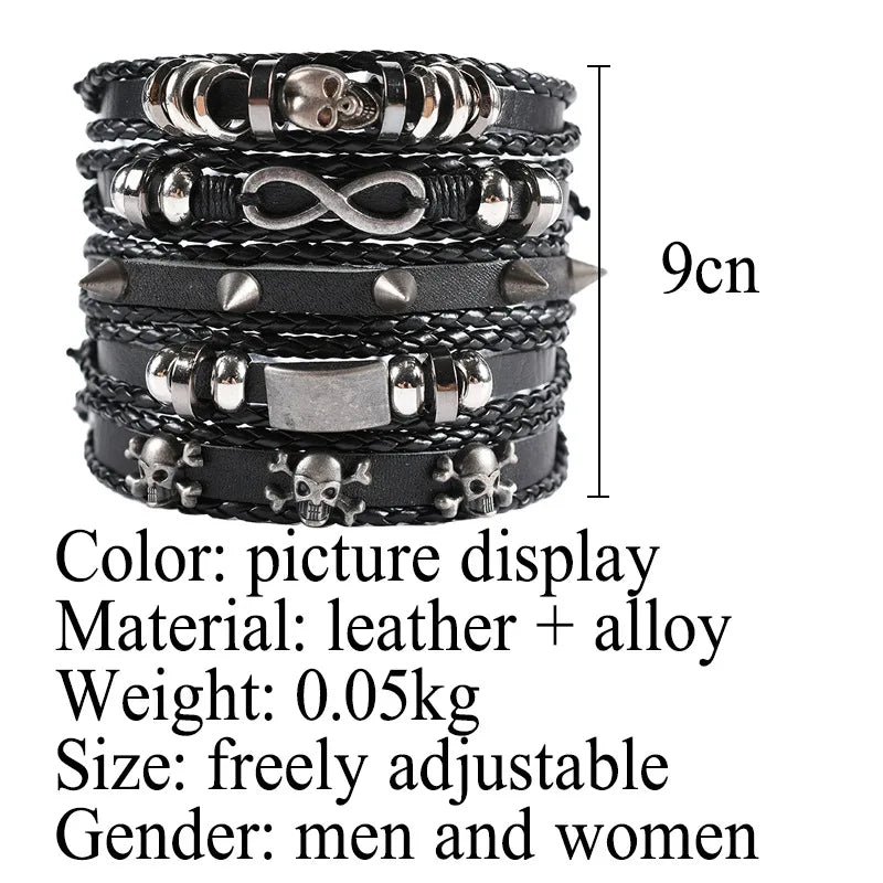 1 Fashion Bracelet Viking  Bracelet For Men Hand Bracelets Woven Skull Hand Jewelry Adjustable Leather Set Bracelet For Leather