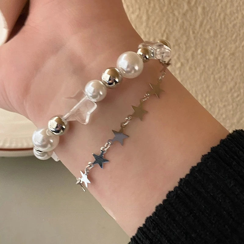 New Vintage Crystal Star Pentagram Pearl Beaded Bracelet for Women Sweet Aesthetic Charm Bracelet Harajuku Fashion Jewelry Gift