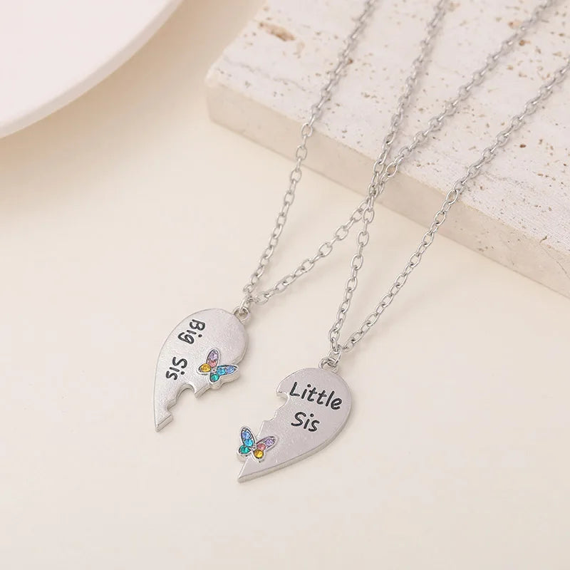 2 PCS Sister Necklace Big Sis Little Heart Stitching Pendant For Women Girl Butterfly Friendship Necklace Jewelry Banquet Gift