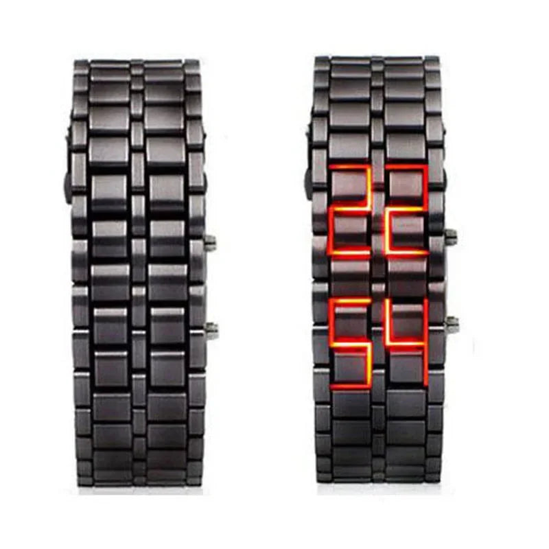 Fashion Black Full Metal Digital Lava Wrist Watch Men Red/Blue LED Display Men's Watches Gifts for Male Boy Sport Creative Clock